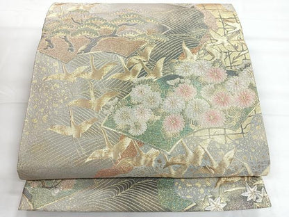 平和屋着物◎六通柄袋帯　流水地紙飛鳥文　金糸　引箔　正絹　逸品　CABH1833nb