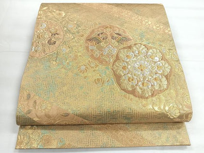 平和屋着物◎両面　六通柄袋帯　青銅金唐織　向かい鳥更紗花文　金銀糸　引箔　正絹　逸品　CABH1834nb