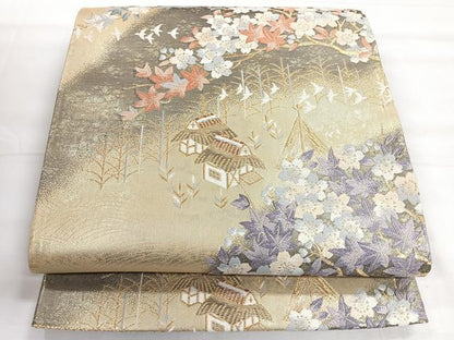 平和屋着物◎六通柄袋帯　風景文　金糸　正絹　逸品　CABH1837nb