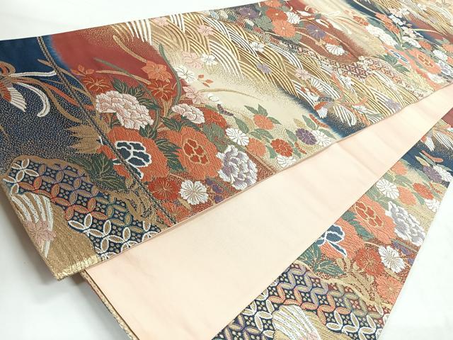 平和屋着物◎六通柄袋帯　唐織　小袖道長波文　金糸　正絹　逸品　CABH1838nb