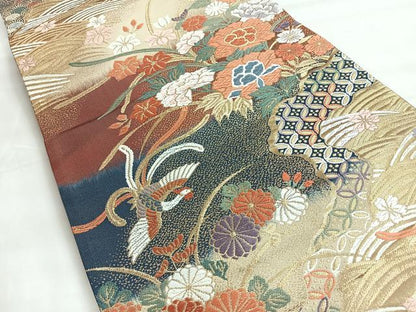 平和屋着物◎六通柄袋帯　唐織　小袖道長波文　金糸　正絹　逸品　CABH1838nb
