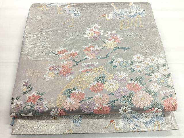 平和屋着物◎六通柄袋帯　草花文　鶴　金銀糸　正絹　逸品　CABH1840nb