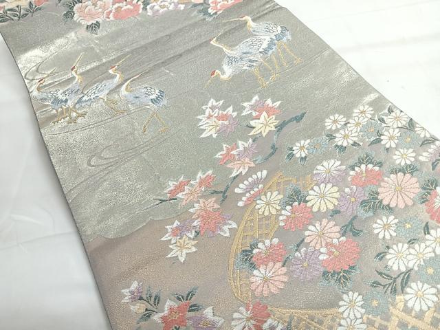 平和屋着物◎六通柄袋帯　草花文　鶴　金銀糸　正絹　逸品　CABH1840nb