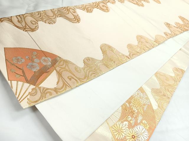 平和屋着物◎太鼓柄袋帯　扇面草花文　金銀彩　正絹　逸品　未使用　CABH1841nb