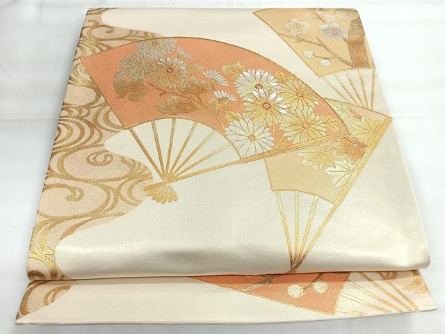 平和屋着物◎太鼓柄袋帯　扇面草花文　金銀彩　正絹　逸品　未使用　CABH1841nb