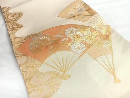 平和屋着物◎太鼓柄袋帯　扇面草花文　金銀彩　正絹　逸品　未使用　CABH1841nb