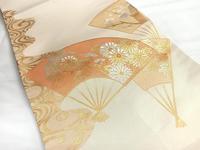 平和屋着物◎太鼓柄袋帯　扇面草花文　金銀彩　正絹　逸品　未使用　CABH1841nb