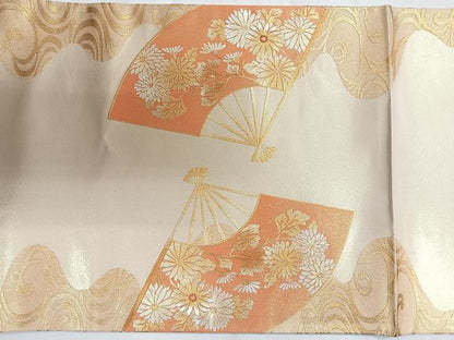 平和屋着物◎太鼓柄袋帯　扇面草花文　金銀彩　正絹　逸品　未使用　CABH1841nb