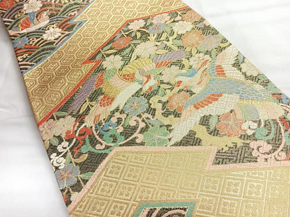 平和屋着物◎六通柄袋帯　流水花鳥文　金糸　正絹　逸品　CABH1842nb