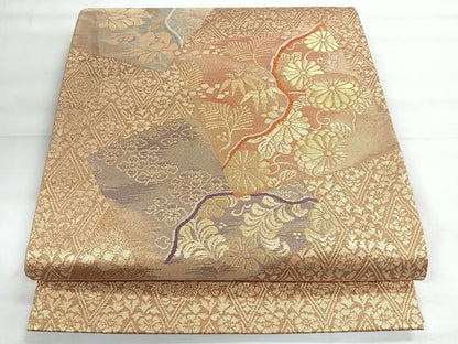 平和屋着物◎六通柄袋帯　色紙草花文　金糸　正絹　逸品　CABH1844nb