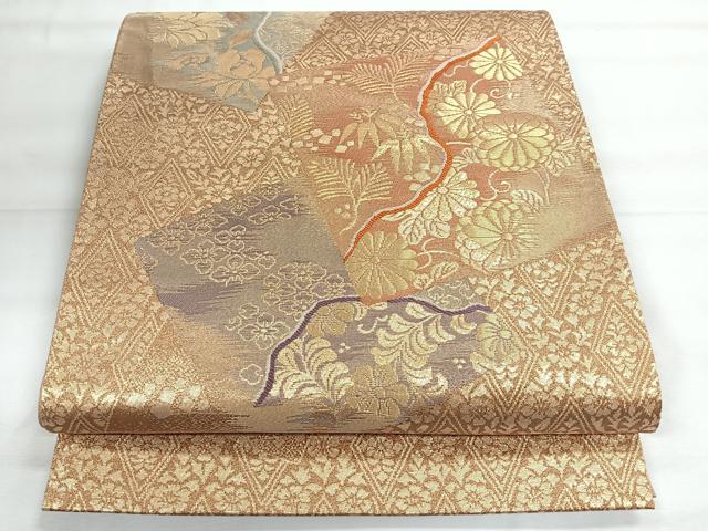 平和屋着物◎六通柄袋帯　色紙草花文　金糸　正絹　逸品　CABH1844nb