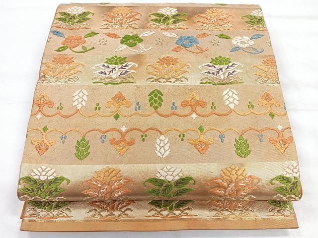 平和屋着物◎六通柄袋帯　更紗草花文　金糸　正絹　逸品　CABH1851nb
