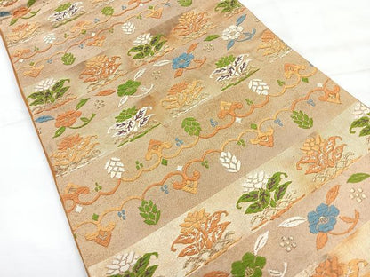 平和屋着物◎六通柄袋帯　更紗草花文　金糸　正絹　逸品　CABH1851nb