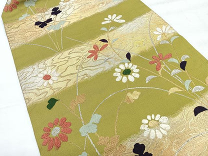平和屋着物◎九寸名古屋帯　草花文　金銀糸　正絹　逸品　CABH1854nb