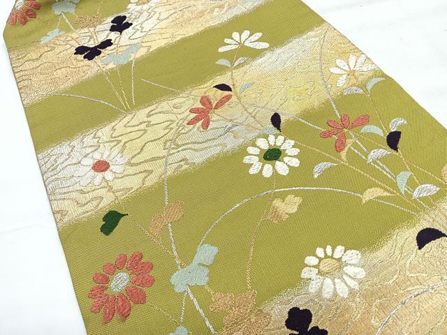平和屋着物◎九寸名古屋帯　草花文　金銀糸　正絹　逸品　CABH1854nb