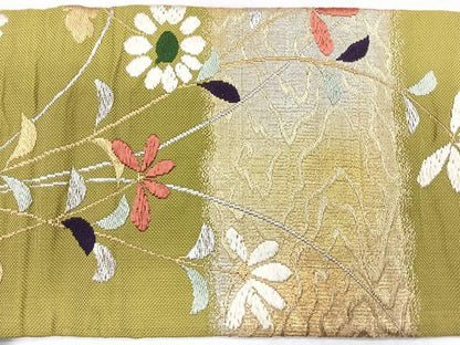 平和屋着物◎九寸名古屋帯　草花文　金銀糸　正絹　逸品　CABH1854nb