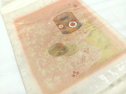 平和屋着物◎九寸名古屋帯　貝桶流水草花文　金糸　引箔　正絹　逸品　CABH1858nb
