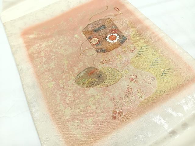 平和屋着物◎九寸名古屋帯　貝桶流水草花文　金糸　引箔　正絹　逸品　CABH1858nb