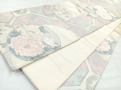 平和屋着物◎六通柄袋帯　蜀江草花丸文　銀糸　正絹　逸品　CABH1860nb