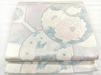 平和屋着物◎六通柄袋帯　蜀江草花丸文　銀糸　正絹　逸品　CABH1860nb