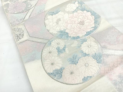 平和屋着物◎六通柄袋帯　蜀江草花丸文　銀糸　正絹　逸品　CABH1860nb