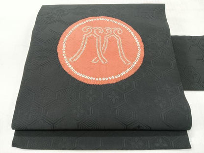 平和屋着物◎九寸名古屋帯　絞り　幾何学丸文　黒地　正絹　逸品　CABH1868nb