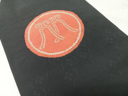 平和屋着物◎九寸名古屋帯　絞り　幾何学丸文　黒地　正絹　逸品　CABH1868nb