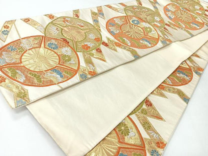 平和屋着物◎六通柄袋帯　唐織　扇面草花文　金銀糸　正絹　逸品　CABH1874nb
