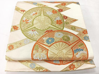 平和屋着物◎六通柄袋帯　唐織　扇面草花文　金銀糸　正絹　逸品　CABH1874nb