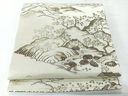 平和屋着物◎本場筑前博多織　八寸名古屋帯　風景文　金糸　正絹　逸品　未使用　CABH1881nb