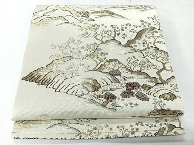 平和屋着物◎本場筑前博多織　八寸名古屋帯　風景文　金糸　正絹　逸品　未使用　CABH1881nb
