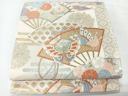 平和屋着物◎六通柄袋帯　唐織錦　能衣彩扇面　金銀糸　正絹　逸品　CABH1885nb