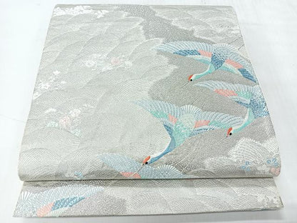 平和屋着物◎六通柄袋帯　九百錦　飛鶴花文　プラチナ箔　正絹　逸品　CABH1886nb