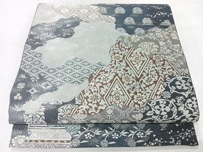 平和屋着物◎六通柄袋帯　道長取茶袋名物文　銀糸　正絹　逸品　CABH1891nb