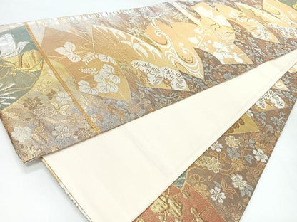 平和屋着物◎全通柄袋帯　地紙草花文　本うるし金糸　正絹　逸品　CABH1893nb