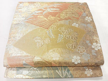 平和屋着物◎全通柄袋帯　地紙草花文　本うるし金糸　正絹　逸品　CABH1893nb
