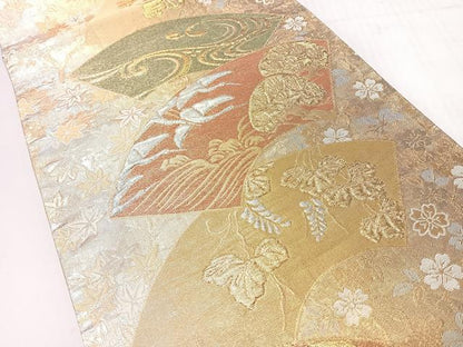 平和屋着物◎全通柄袋帯　地紙草花文　本うるし金糸　正絹　逸品　CABH1893nb