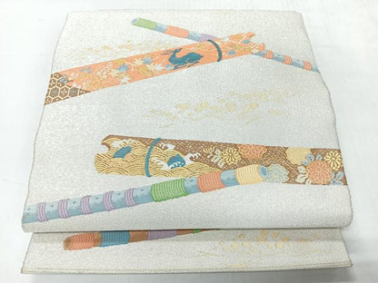 平和屋着物◎太鼓柄袋帯　綴れ　横笛動物草花文　金銀糸　正絹　逸品　CABH1902nb