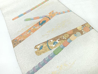 平和屋着物◎太鼓柄袋帯　綴れ　横笛動物草花文　金銀糸　正絹　逸品　CABH1902nb