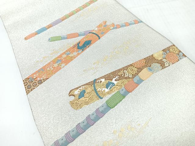 平和屋着物◎太鼓柄袋帯　綴れ　横笛動物草花文　金銀糸　正絹　逸品　CABH1902nb