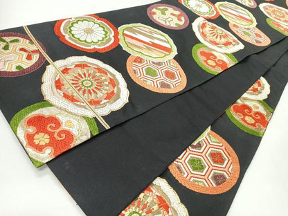 平和屋着物◎六通柄袋帯　唐織　吉祥花丸文　黒地　金糸　正絹　逸品　CABH1911nb