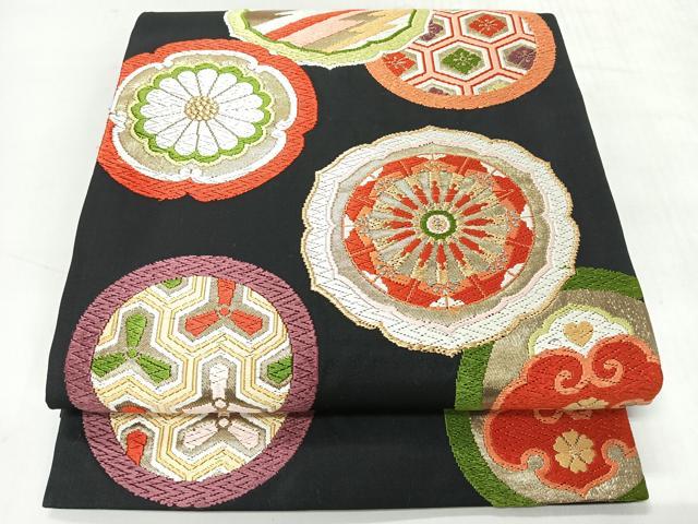 平和屋着物◎六通柄袋帯　唐織　吉祥花丸文　黒地　金糸　正絹　逸品　CABH1911nb