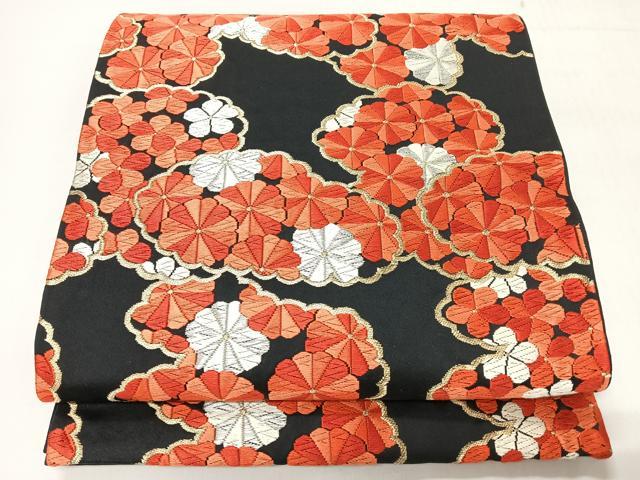 平和屋着物◎六通柄袋帯　唐織　菊　黒地　金銀糸　正絹　逸品　CABH1915nb