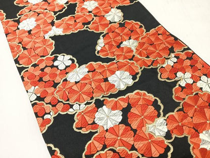 平和屋着物◎六通柄袋帯　唐織　菊　黒地　金銀糸　正絹　逸品　CABH1915nb