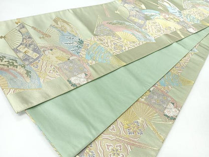 平和屋着物◎六通柄袋帯　扇面草花文　金銀糸　正絹　逸品　CABH1928nb