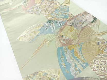 平和屋着物◎六通柄袋帯　扇面草花文　金銀糸　正絹　逸品　CABH1928nb