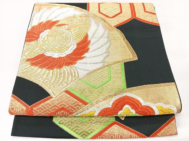 平和屋着物◎六通柄袋帯　唐織　地紙亀甲花鳥文　黒地　金銀糸　正絹　逸品　CABH1930nb