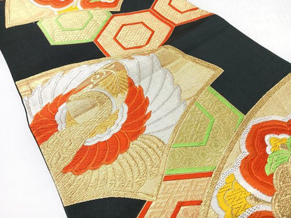 平和屋着物◎六通柄袋帯　唐織　地紙亀甲花鳥文　黒地　金銀糸　正絹　逸品　CABH1930nb