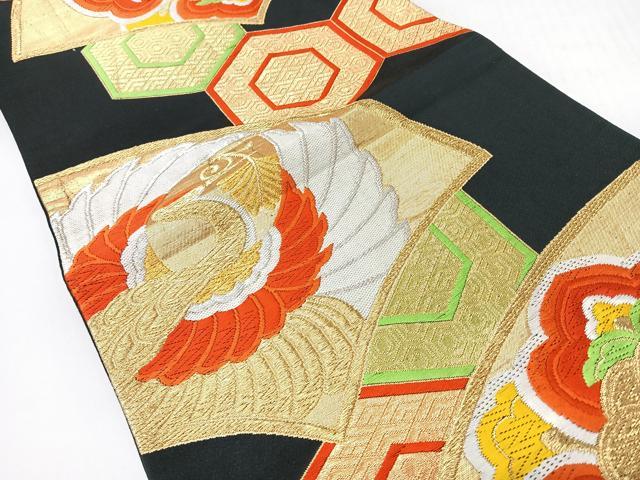 平和屋着物◎六通柄袋帯　唐織　地紙亀甲花鳥文　黒地　金銀糸　正絹　逸品　CABH1930nb