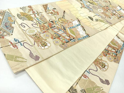 平和屋着物◎六通柄袋帯　楽器吉祥文　金銀糸　正絹　逸品　CABH1931nb